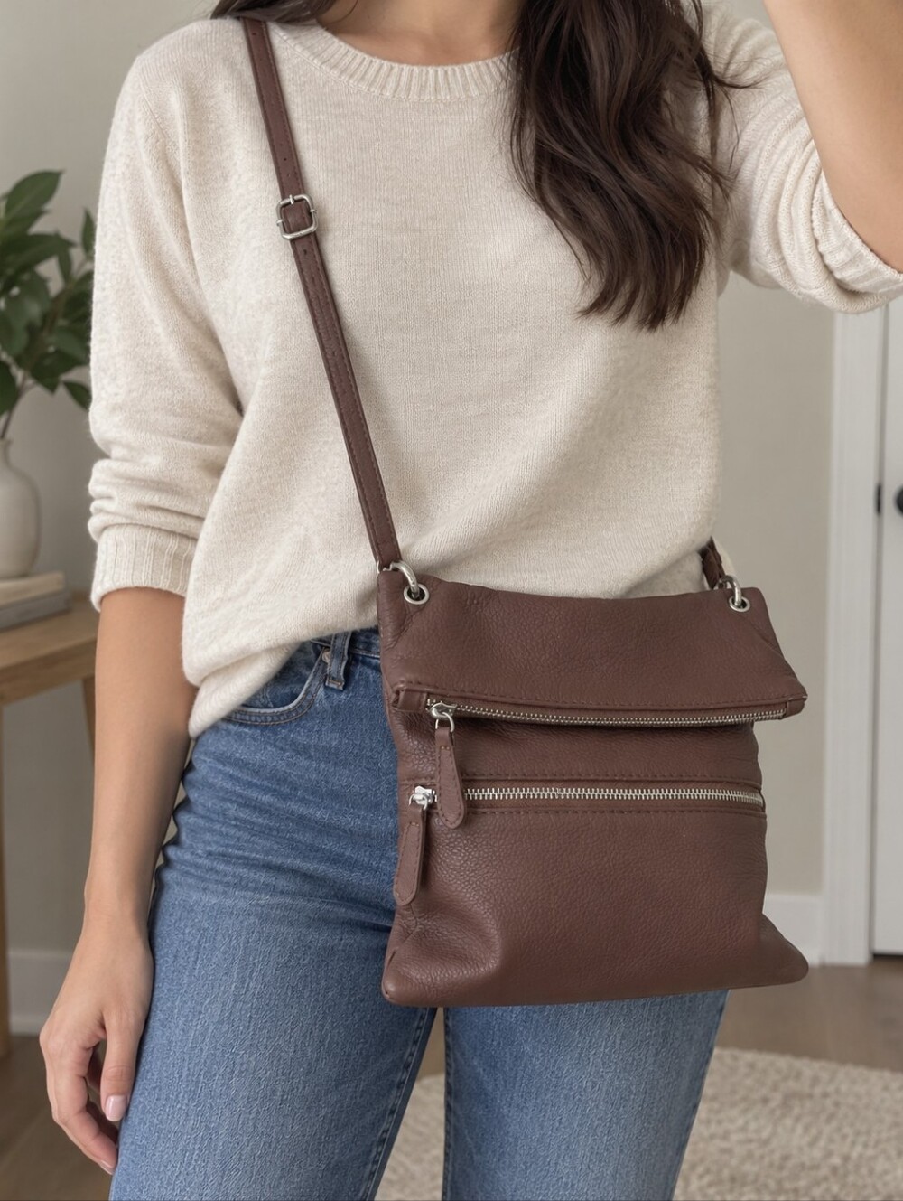 Kristy X Brown Genuine Leather Foldover Crossbody
